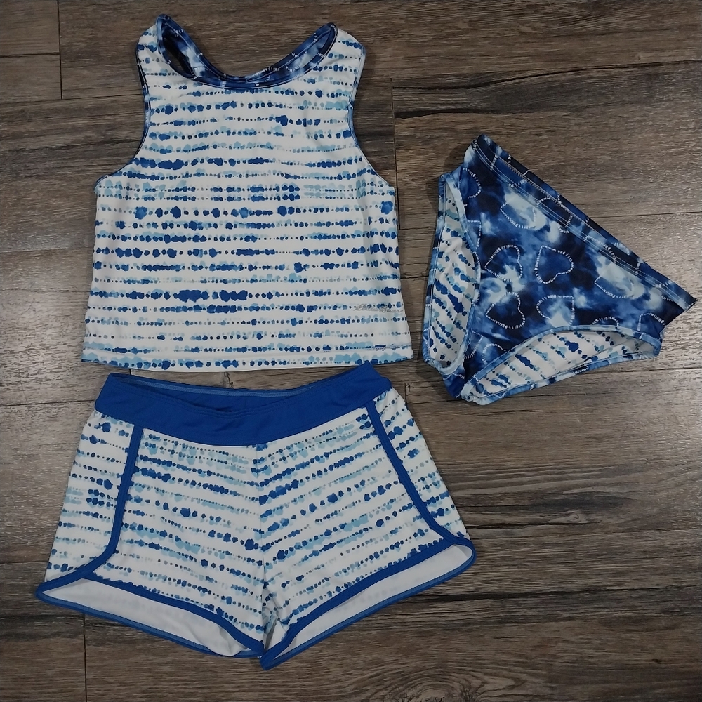 Eddie Bauer Girls Swimsuit Tankini Rash Guard Swim Bikini Size 7/8 Girls Blue